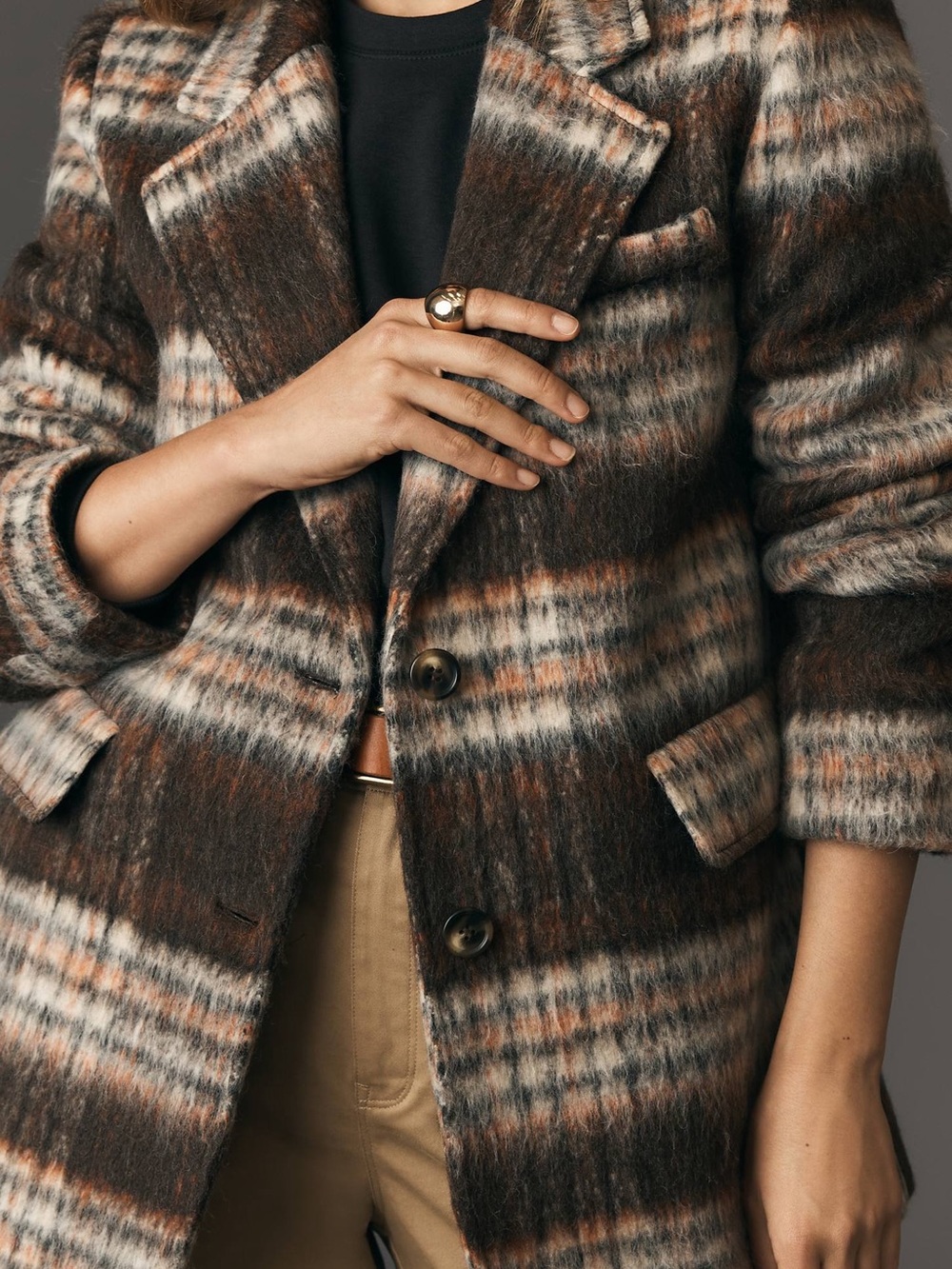 Anthropologie Maeve Brushed Plaid Blazer Wool Blend Brown Pea Coat Jacket L